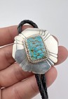 Vtg Navajo Sterling Silver Stamped Rectangle Kingman Turquoise Bolo Tie 1 5 8 