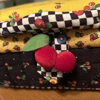 Vtg 2001 Mary Engelbreit Sewing Basket Cherry Fabric Wood Handle Plastic Tray