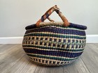 Handwoven Bolga Basket Ghana Elephant Grass Leather Handle Large Tote Market Bag