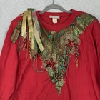 Vtg Puffy Paint Christmas Tree Shirt O s L  3d Bow Bead Sequin Funky Artsy 80s