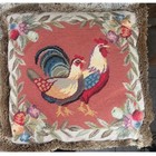 Pair Rooster Hen Wool Needlepoint Decorative Fringe Throw Pillows Country French