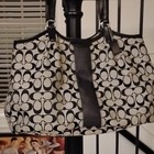 Coach Black beige Signature Logo Large Tote Silver Hardware Dust Bag Zip