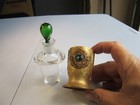 Vtg Czech Bohemian Perfume Bottle In Gold Metal Holder W  Faux Emerald Jewels