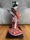 Japanese Geisha Kimono Doll On Lacquer Stand  orange-red 