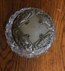 Antique Cut Pressed Glass Powder Trinket Dresser Vanity Jar Embossed Metal Lid