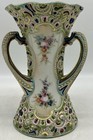Antique Japanese Moriage Satsuma Hand Painted Three Handled Vase  Flowers