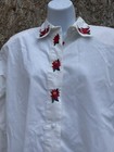 Vintage Karen Scott White Shirt Sz 4p Christmas Embr Poinsettia Covered Buttons