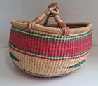 Large 15    Woven African Bolga Ghana Market Basket Leather Handle Vintage Euc