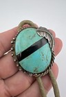 Vintage Navajo Sterling Silver Turquoise   Jet Inlay Stamped Bolo Tie 41 1g