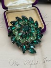 Large Pinwheel Brooch Green Rhinestones Estate Brooch 