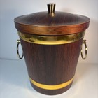 Vintage Mcm Ice Bucket Dark Walnut Shiny Brass Accents Metal Lined W ice Tongs