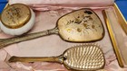 Vintage 1940s 5 Piece Gold Tone Metal Vanity Set With Case