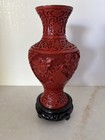 Vintage Chinese Cinnabar Carved Vase Red   Black Lacquer Ext Blue Enamel Int 7   