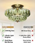 11  Semi Flush Mount Ceiling Light Vintage Gold 3-light Green Glass Fixture