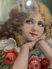 Framed Victorian Lithograph Girl With Roses 16   x 21   