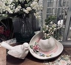 Vintage Capodimonte Style Hat Bud Vase Porcelain Floral Raised Rose Sculpture