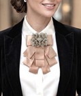 Vintage Wedding Champagne Pink Satin Bow Brooch Rhinestone Crystal Ribbon Tie