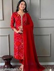 3 Pcs Embroidered Red Kurta Pant Dupatta Set For Women Pure Cotton Gift Bandhej