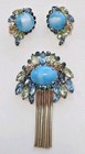 Vtg  Alice Caviness  Unsigned Brooch Blues   Greens Cabochon Goldtone Pin