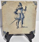 Vintage 17th-century Dutch Delft Blue   White Ceramic Tile Military Pikeman 