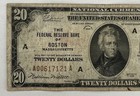1929 National Currency  20 Dollar  Federal Reserve   boston   Bank Note 