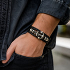 Black Leather Layered Anchor Bracelet Silver-tone Charm Everyday Mens Wristband