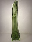 Vintage Glass Swung Hobnail Green Vase 15    Tall Three Footed Toe Base Le Smith