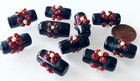 Vintage Large 10 X 21mm Black   Red Floral Lamp Work Glass Barrel Beads 10