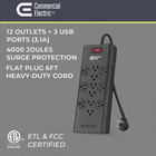 Surge Protector 12-outlet Power Strip  4000j  3 Usb  3 1a   Flat Plug  6ft Cord