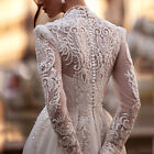 High Neck Wedding Dresses Long Sleeves Beading Applique Buttons Back Bridal Gown
