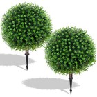 2pcs Artificial Green Eucalyptus Topiary Ball Treewith Ground Spike Uv Resistant