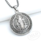 3d Saint St Benedict Medal Thick Pendant Necklace W 24  Box Chain Silver Tone