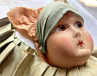 Exquisite 1920s Antique French Fabric Doll   s Head Hand-painted With Silk Ruffle