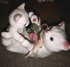Vintage Porcelain Playful White Cat   Kitten Figurine  Blue Eyes  Pink Flowers