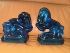 L e  Smith Glass Aqua Blue Rearing Pair Of Blue Horses Bookends   8  Tall X 6 