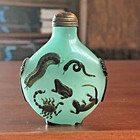 Vintage Chinese Hand Carved Black Insect s On Green Glass Snuff Bottle 