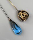 Art Nouveau Antique Victorian Hat Pins Blue Etched Glass   Gold Tone Scroll 9 