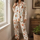Womens Gingerbread Christmas Holiday Satin Pajama Set Sleepwear