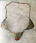 Vtg Necklace Sterling Silver 3 Turquoise   Coral Chip Inlay 16    Choker Signed Sd