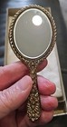 Vintage Antique Brass Tone Handheld Doubled Sided Vanity Mirror 5  Tall