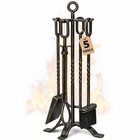 5-piece Wrought Iron Fireplace Tool Set - Antique Brass   Copper  Poker  Tongs 