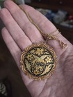 Lg Vintage Damascene Bird Floral Pendant Necklace Gold Tone Filigree Toledo Styl