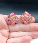 Vintage Art Deco Rhinestone Earrings Clip On Pink Glass Sparkle Gold Tone