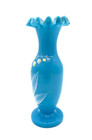 Antique Bohemian Hand Blown Hand Painted Blue Opaline 6 5    Ruffled Glass Vase