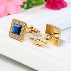 Mens Gold Square Cuff Links Saphire Blue Crystal Diamond Shirt Stud Vintage Gift