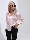 Elegant Women Satin Shirt Solid Color Long Sleeve Blouse Casual Button Down Tops