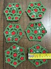 6 Vintage Christmas Wreath Crochet Doily Coasters Red Green 3 5    Hexagon Shape