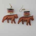Vintage Dangle Earrings Hand Carved Wooden Cheetah Leopard With Painted Spots
