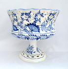 Vintge Spain Reticulated Majolica Pottery Blue Onion Pedestal Fruit Bowl Planter