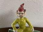Vintage 1950   s Ceramic Pixie Elf Figurine Sitting On A Green Leaf Made In Japan 